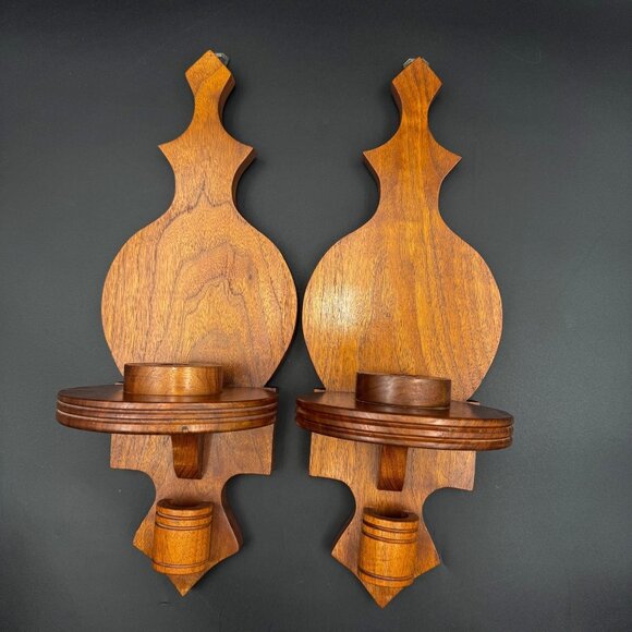 2 Vintage Solid Walnut Wood Wall Candle Holders Sconces Pair Handcrafted - Picture 1 of 7